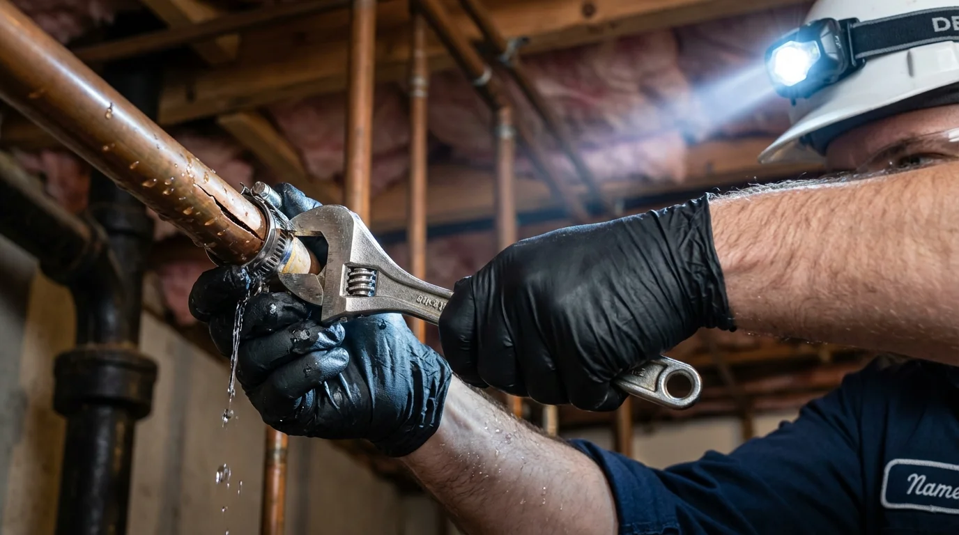 Emergency pipe clamp repair being performed by a Johns Plumbing LLC plumber in Lebanon Junction