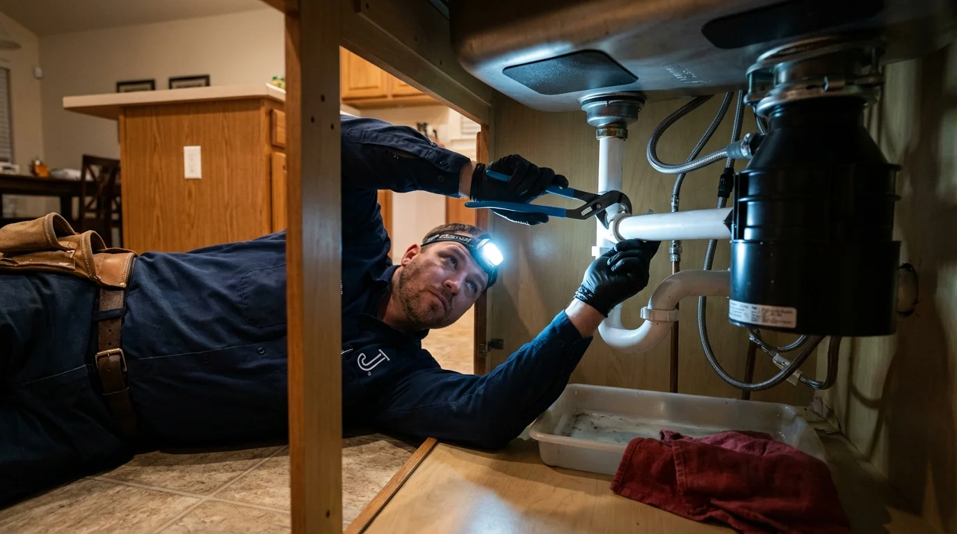 P-trap and supply line connections under a kitchen sink showing a common leak point in Lebanon Junction, KY